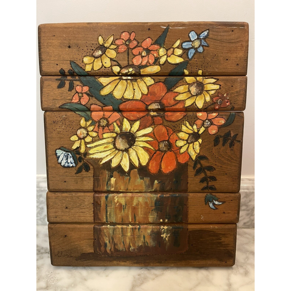 Unbranded Other - Carved Wood Floral Handmade Folk Art Painting, Mod, Bohemian Signed